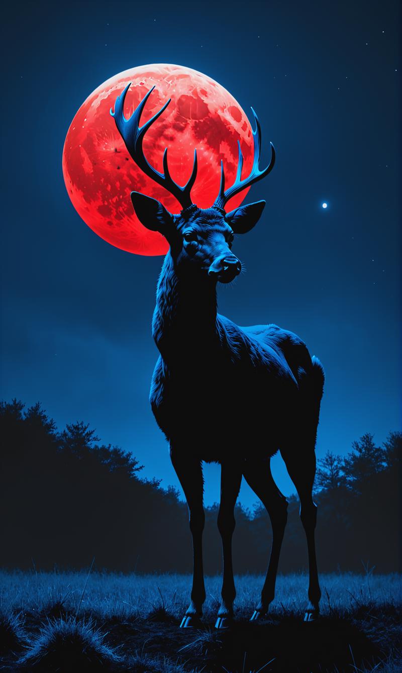 01037-948727643-Black canvas, black over indigo minimalism, duotone red neon, and indigo colour, a deer standing infront of a indigo over black.png